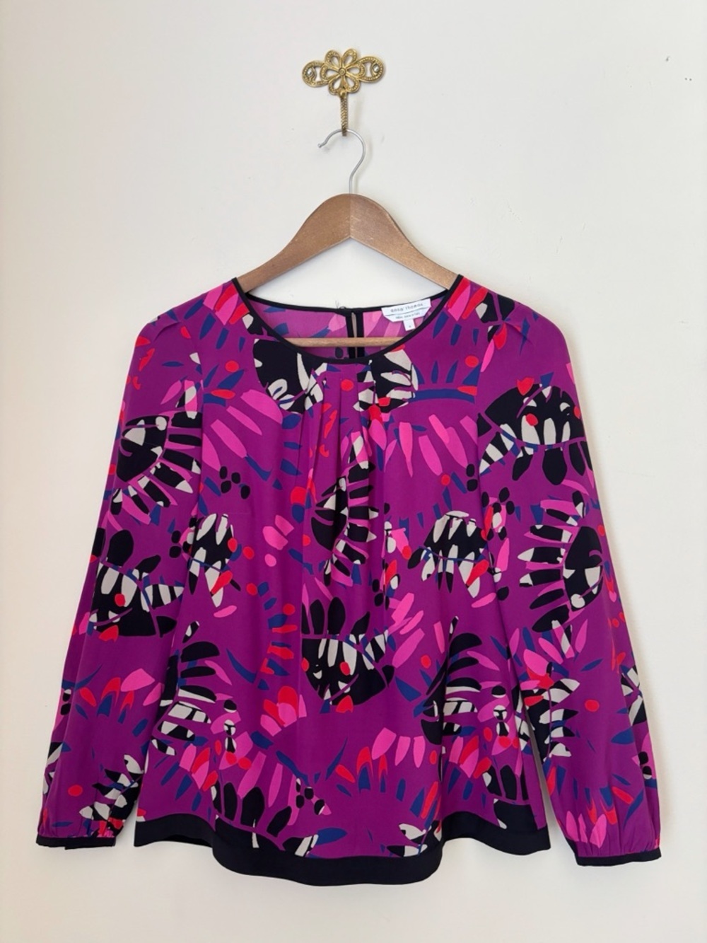 Anna Thomas Purple Geometric Print Italian Silk Blouse Sz 8 Maximalist L